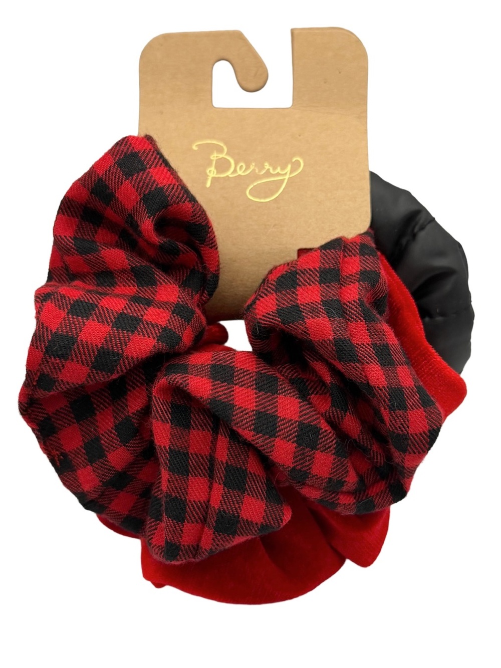 Nordstrom Berry Set Of 3 Scrunchies Red, Black, Plaid Hair Ties